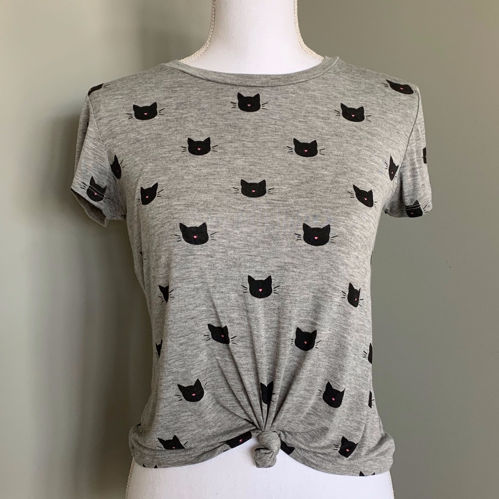 NEW S/M Soft Gray Kitty Cat Crop Tie Knot T-Shirt